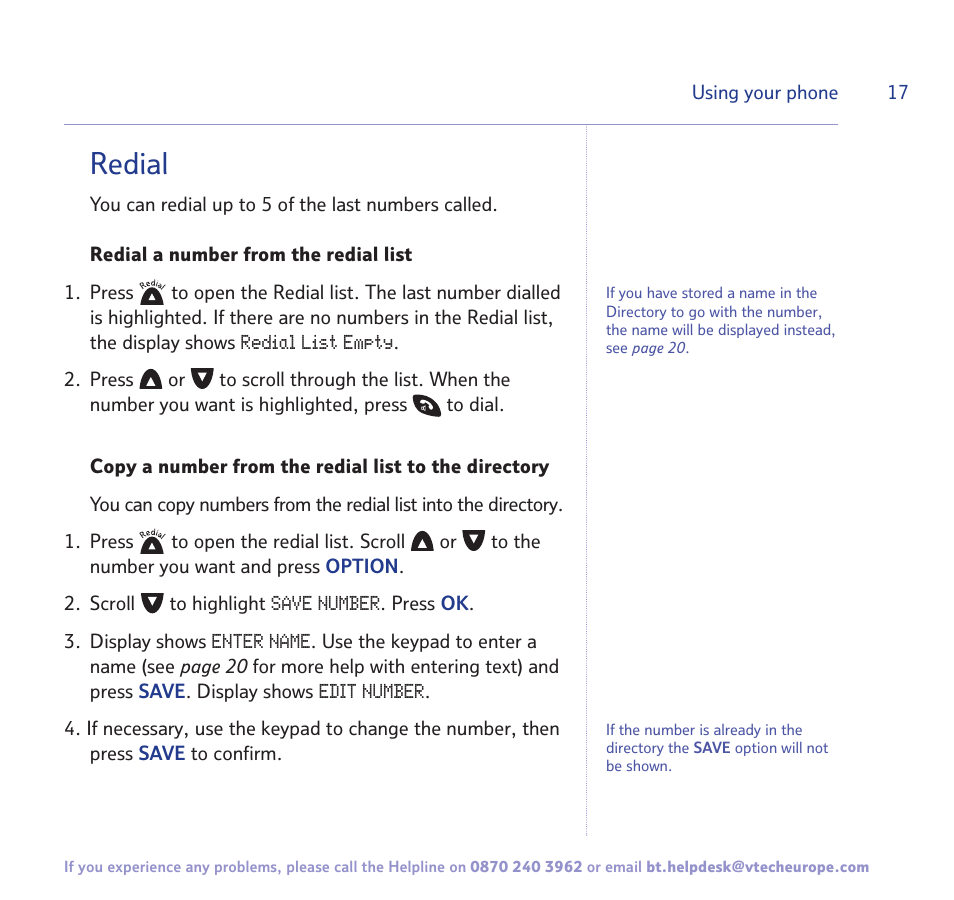 Redial | BT FREESTYLE 7150 User Manual | Page 17 / 80