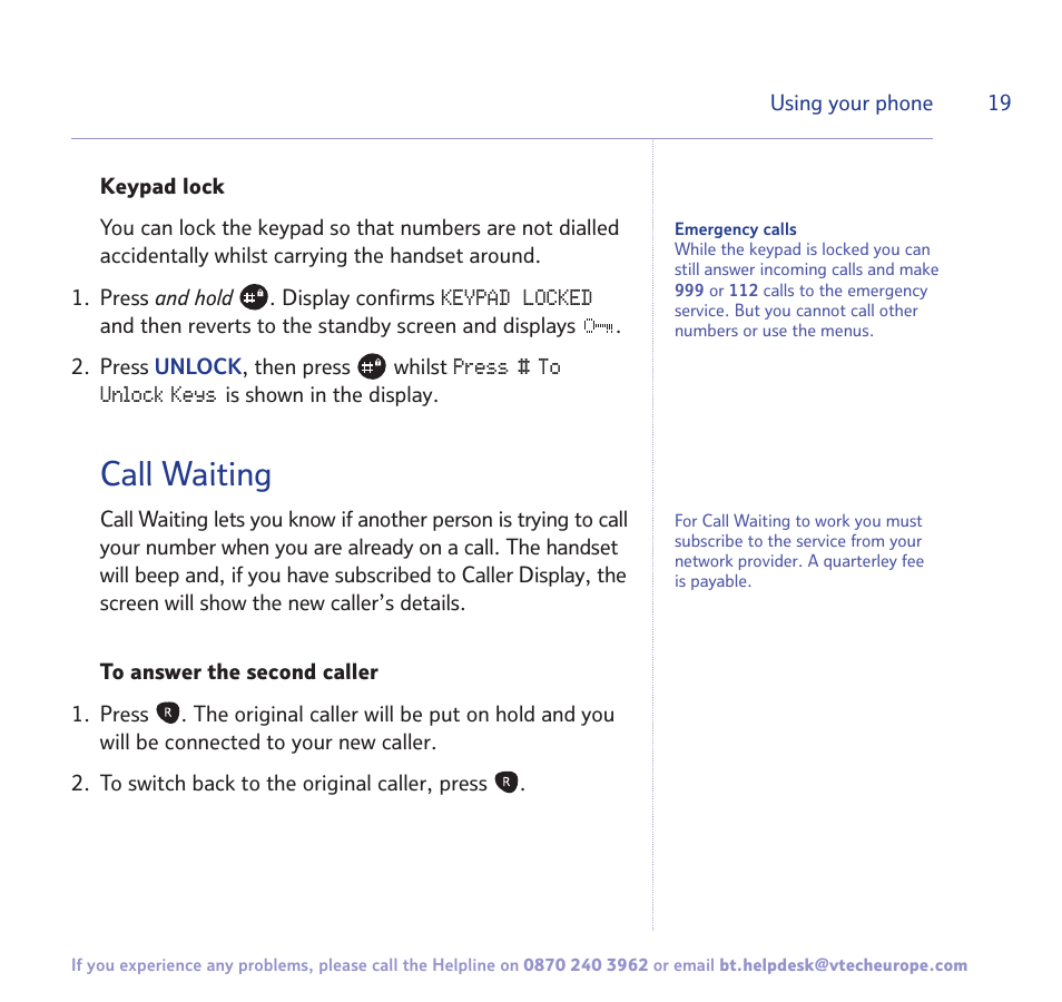 Call waiting | BT FREESTYLE 7150 User Manual | Page 19 / 80