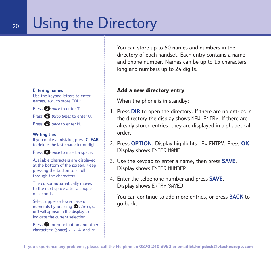 Using the directory | BT FREESTYLE 7150 User Manual | Page 20 / 80