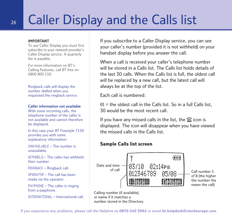Caller display and the calls list | BT FREESTYLE 7150 User Manual | Page 26 / 80