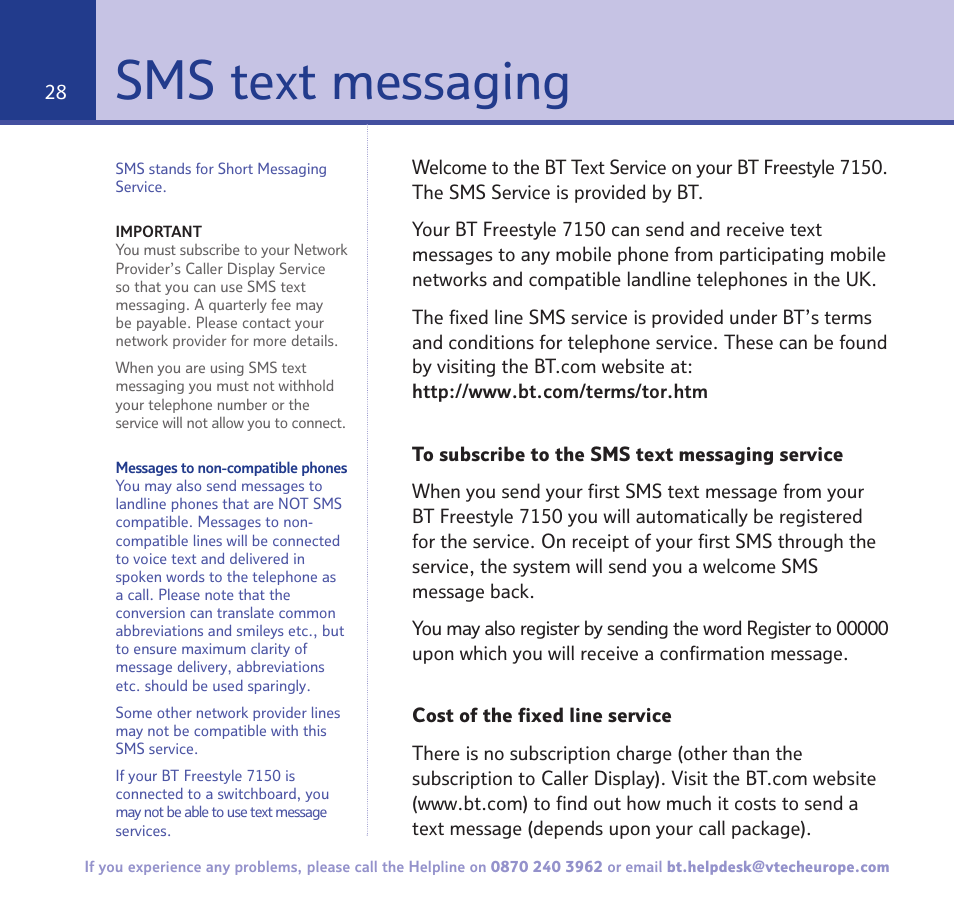 Sms text messaging | BT FREESTYLE 7150 User Manual | Page 28 / 80