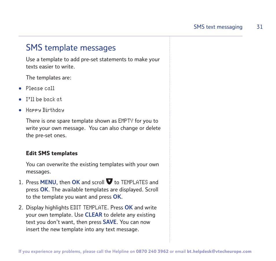 Sms template messages | BT FREESTYLE 7150 User Manual | Page 31 / 80