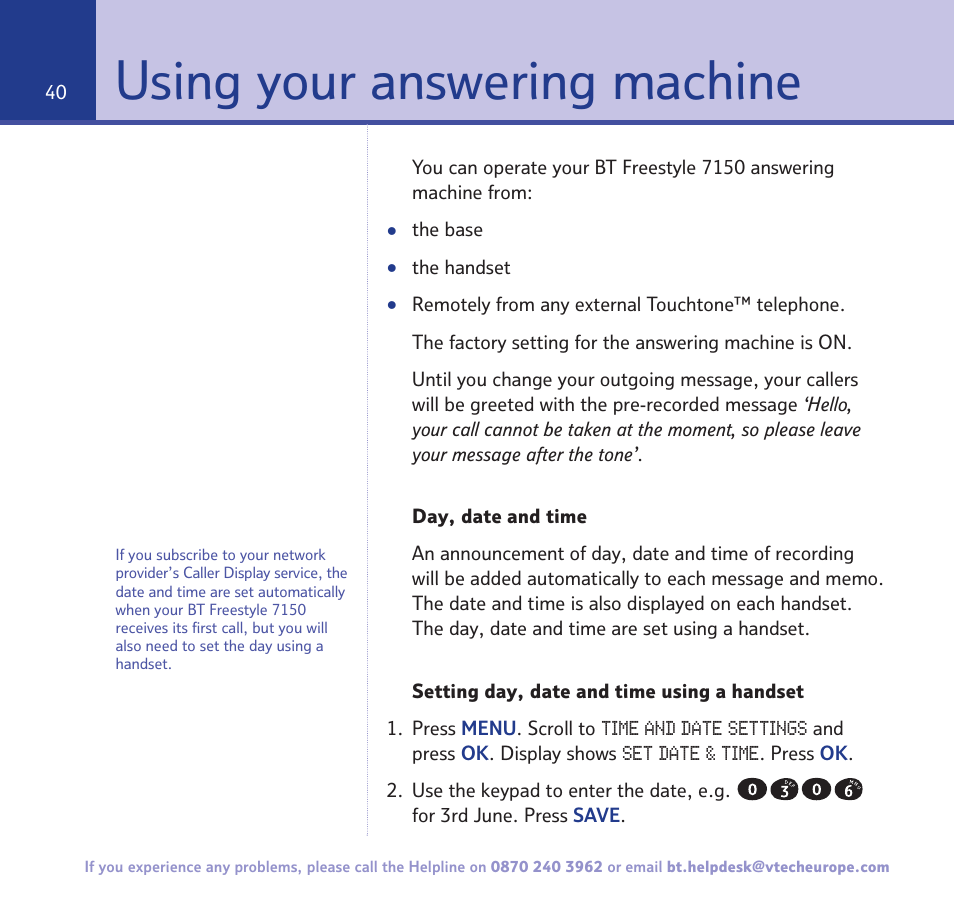 Using your answering machine | BT FREESTYLE 7150 User Manual | Page 40 / 80