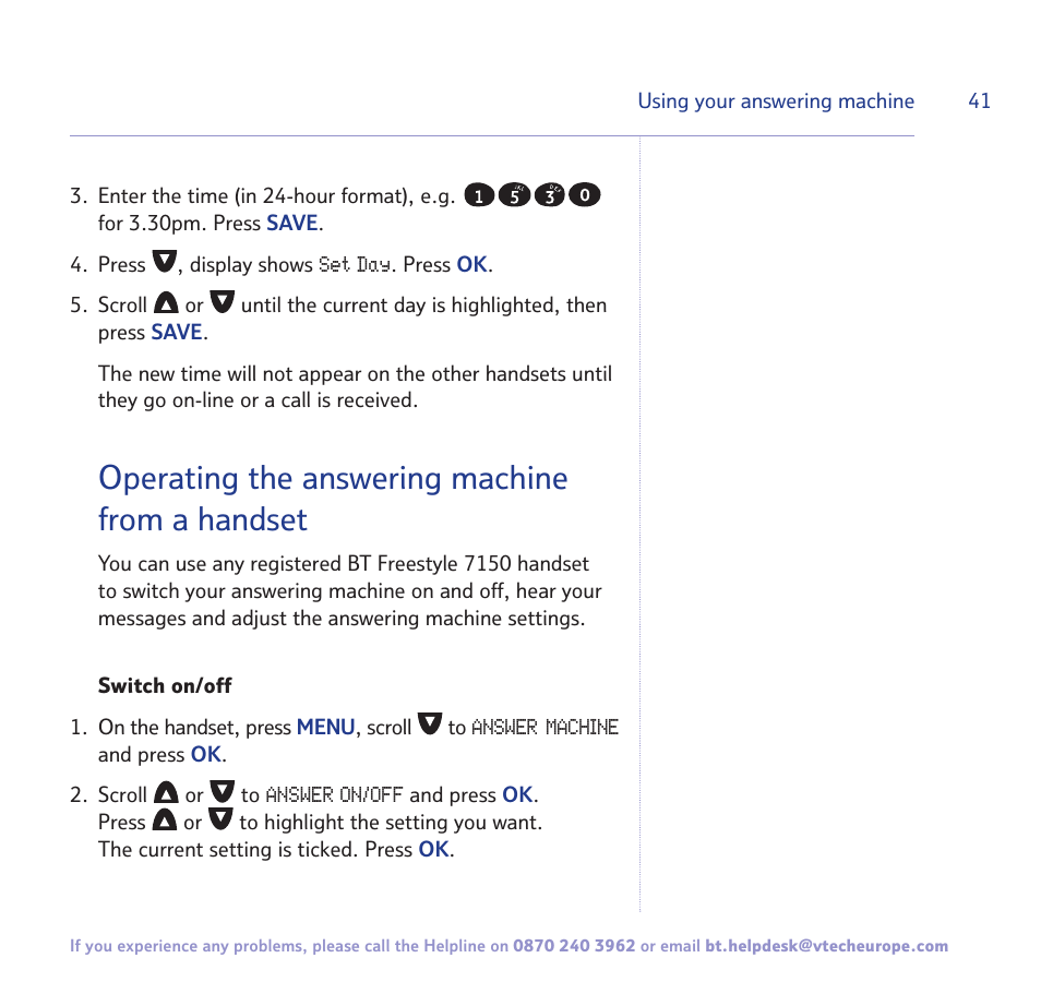 Operating the answering machine from a handset | BT FREESTYLE 7150 User Manual | Page 41 / 80