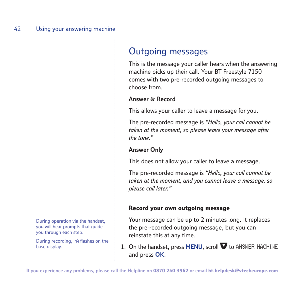 Outgoing messages | BT FREESTYLE 7150 User Manual | Page 42 / 80