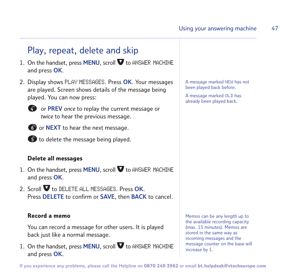 Play, repeat, delete and skip | BT FREESTYLE 7150 User Manual | Page 47 / 80
