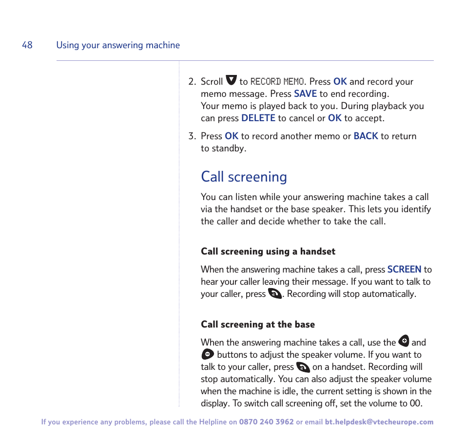 Call screening | BT FREESTYLE 7150 User Manual | Page 48 / 80