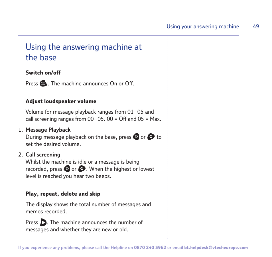 Using the answering machine at the base | BT FREESTYLE 7150 User Manual | Page 49 / 80