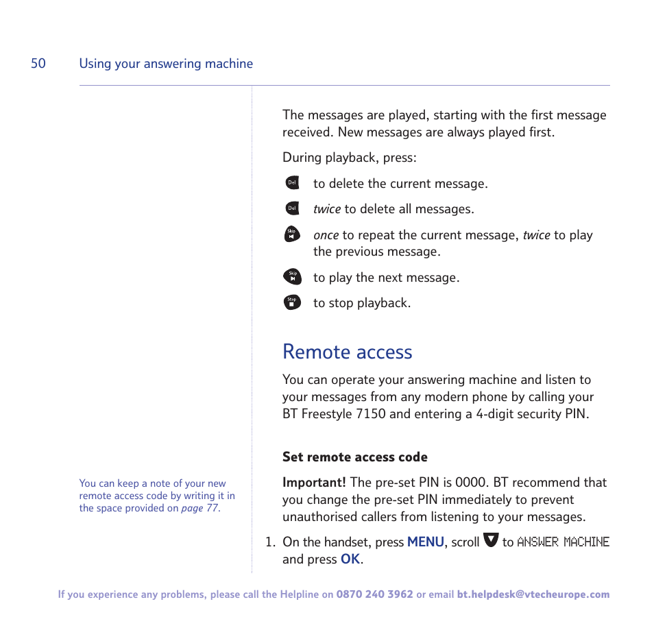 Remote access | BT FREESTYLE 7150 User Manual | Page 50 / 80