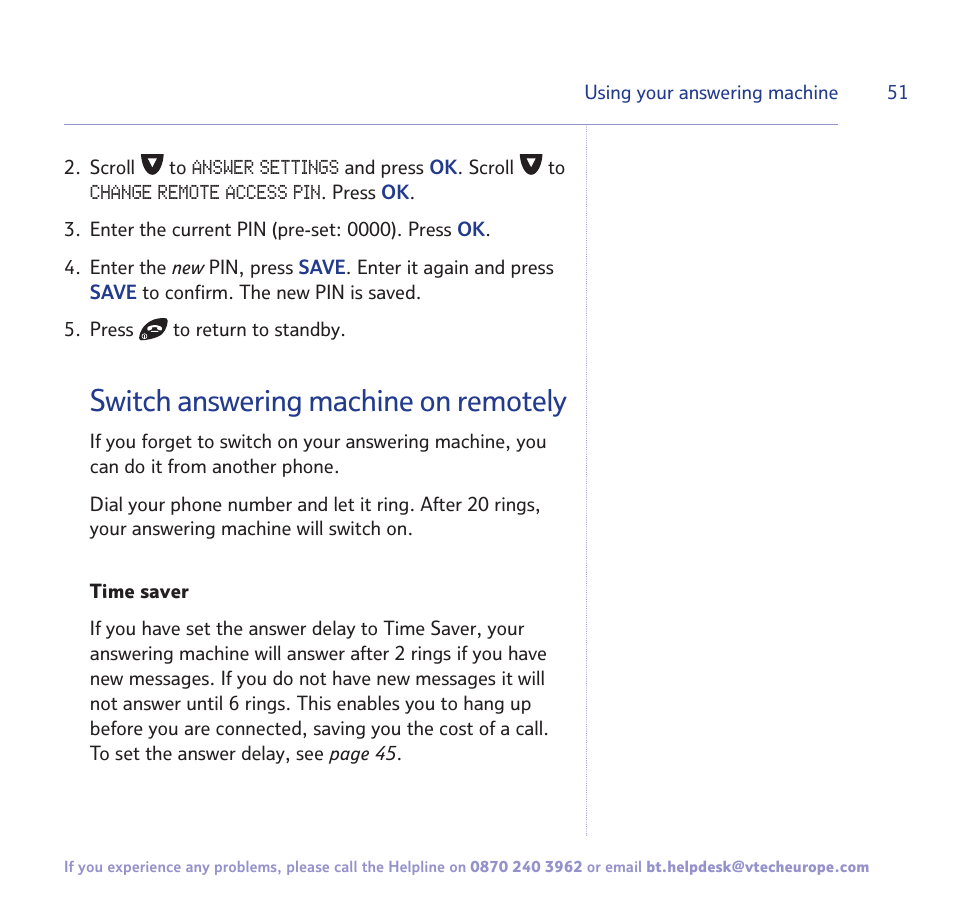 Switch answering machine on remotely | BT FREESTYLE 7150 User Manual | Page 51 / 80