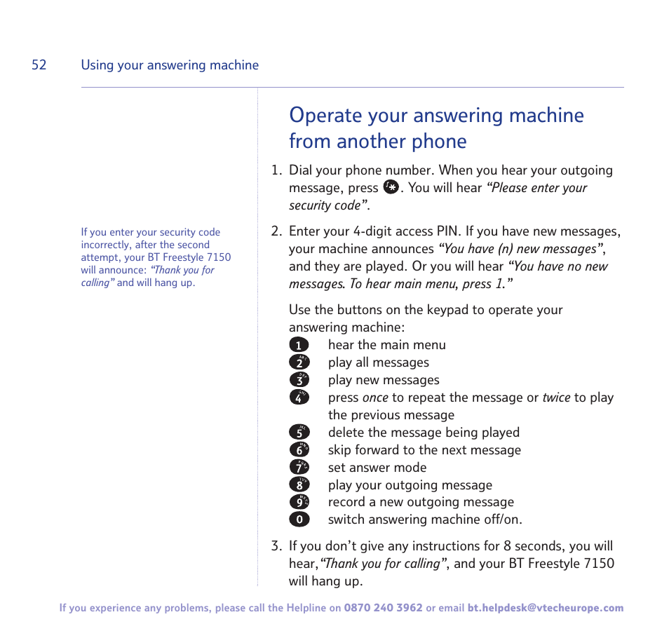 Operate your answering machine from another phone | BT FREESTYLE 7150 User Manual | Page 52 / 80