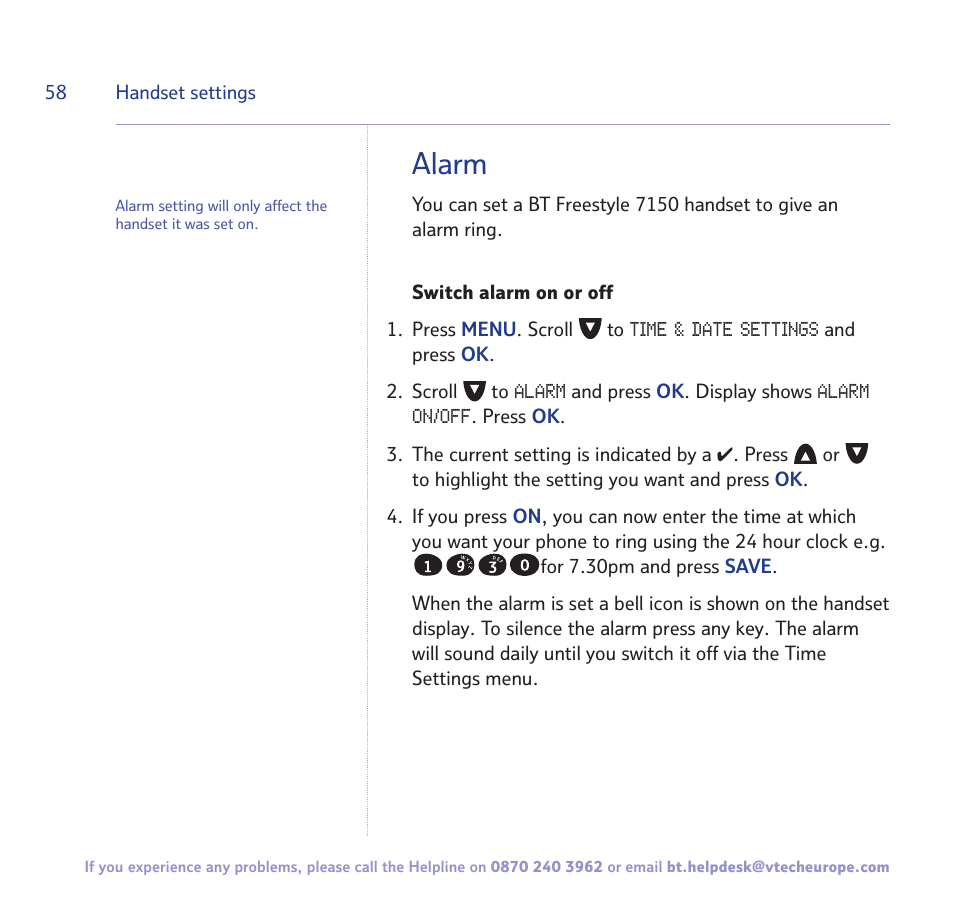 Alarm | BT FREESTYLE 7150 User Manual | Page 58 / 80
