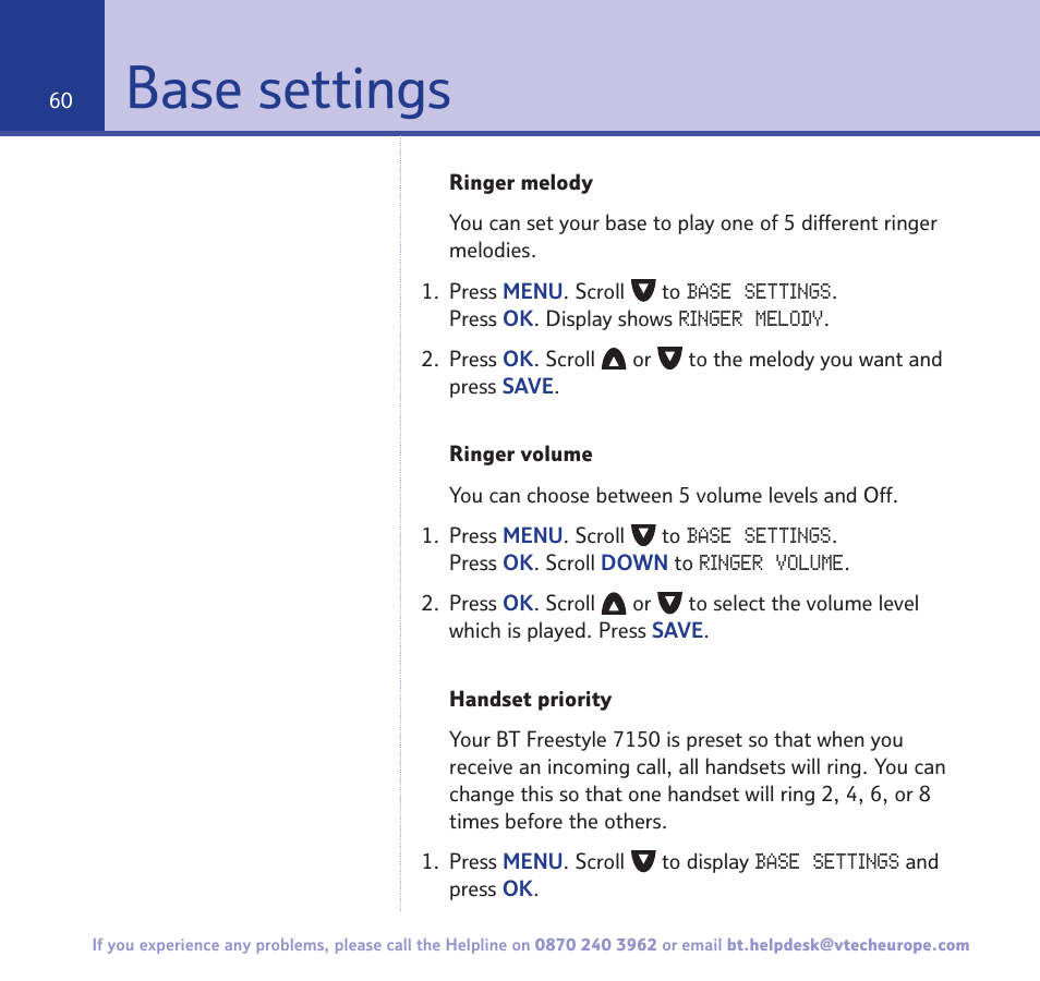 Base settings | BT FREESTYLE 7150 User Manual | Page 60 / 80