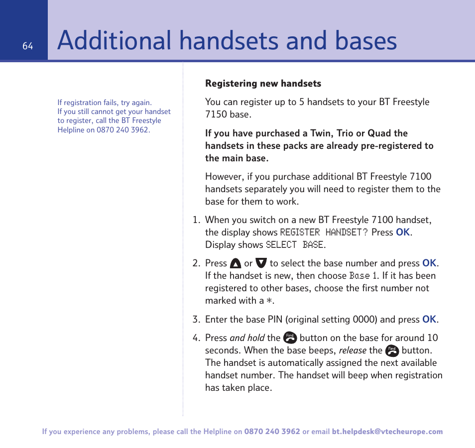 Additional handsets and bases | BT FREESTYLE 7150 User Manual | Page 64 / 80