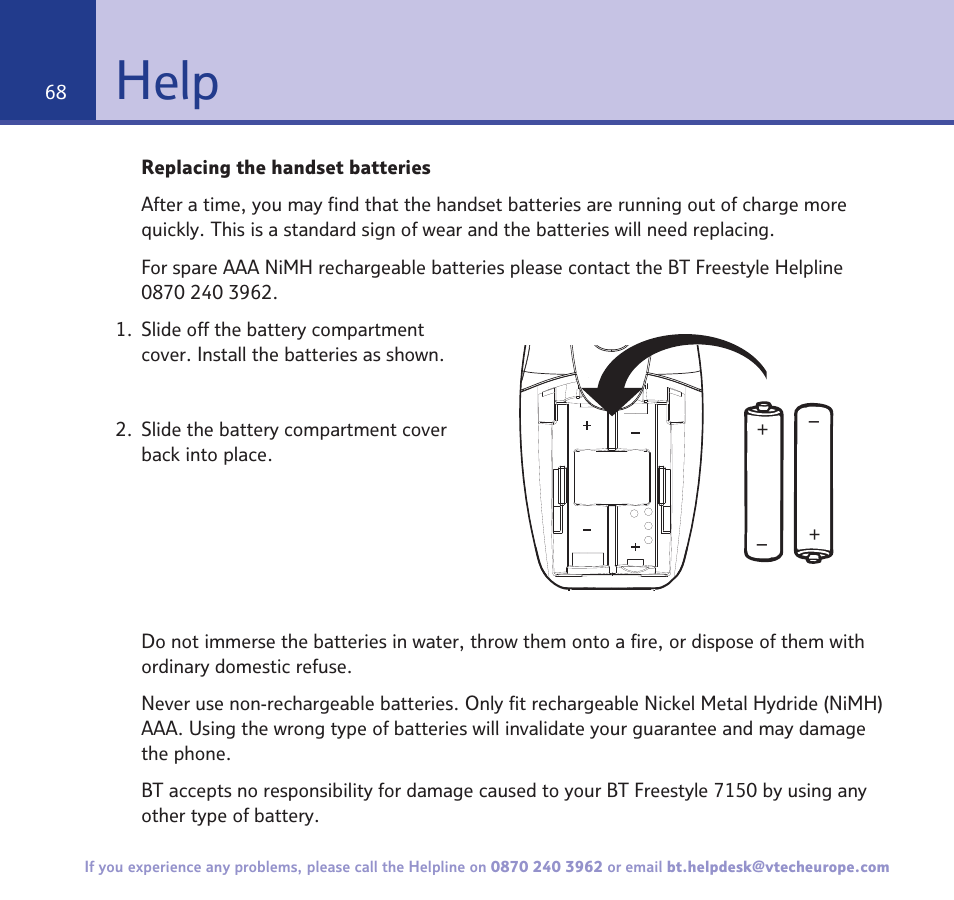 Help | BT FREESTYLE 7150 User Manual | Page 68 / 80