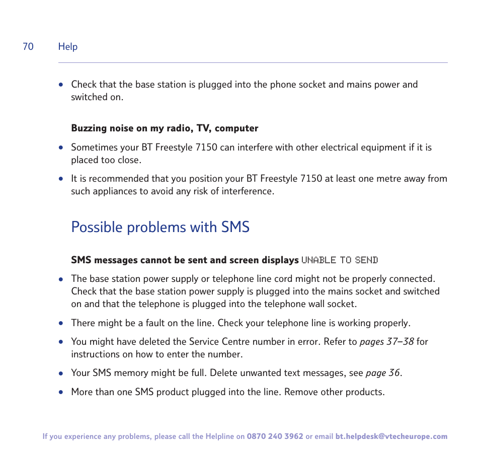 Possible problems with sms | BT FREESTYLE 7150 User Manual | Page 70 / 80