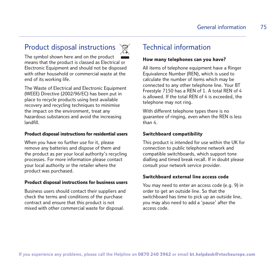 Product disposal instructions, Technical information | BT FREESTYLE 7150 User Manual | Page 75 / 80