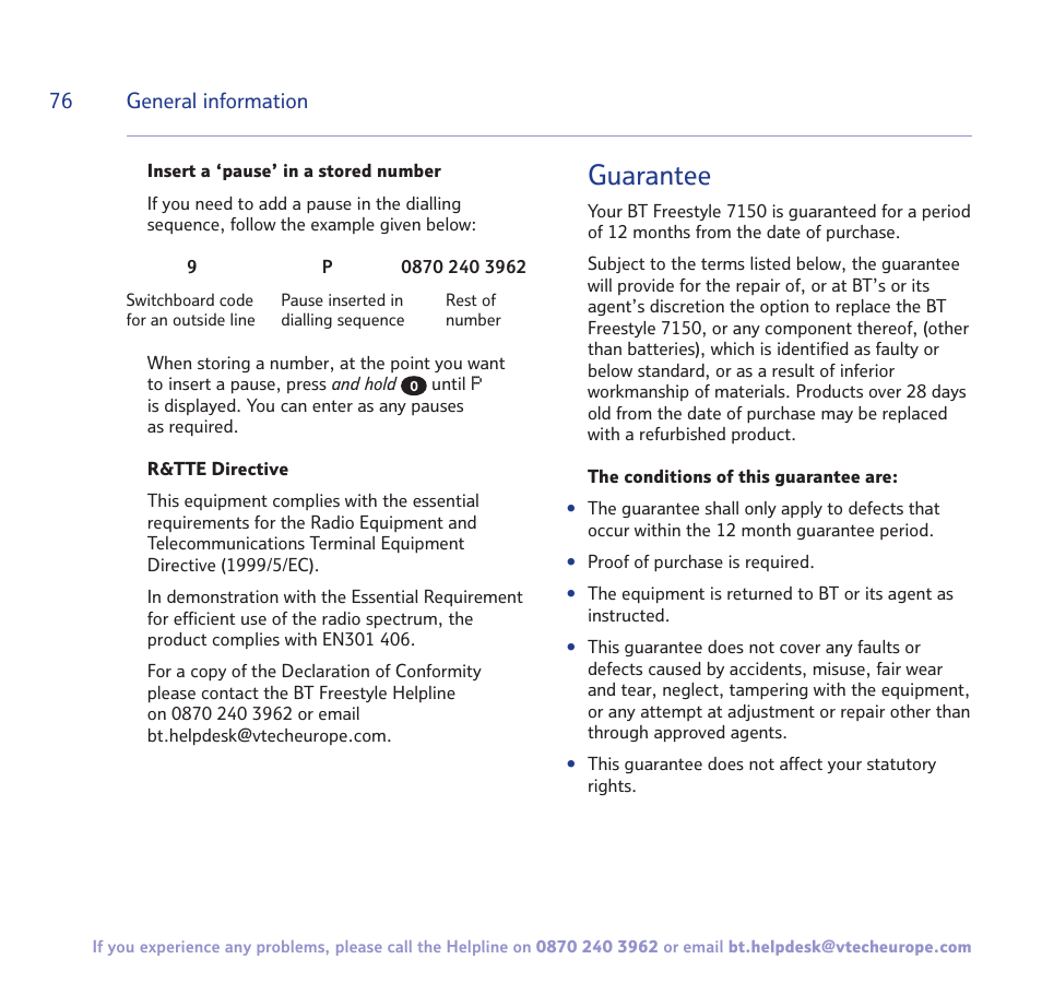 Guarantee | BT FREESTYLE 7150 User Manual | Page 76 / 80