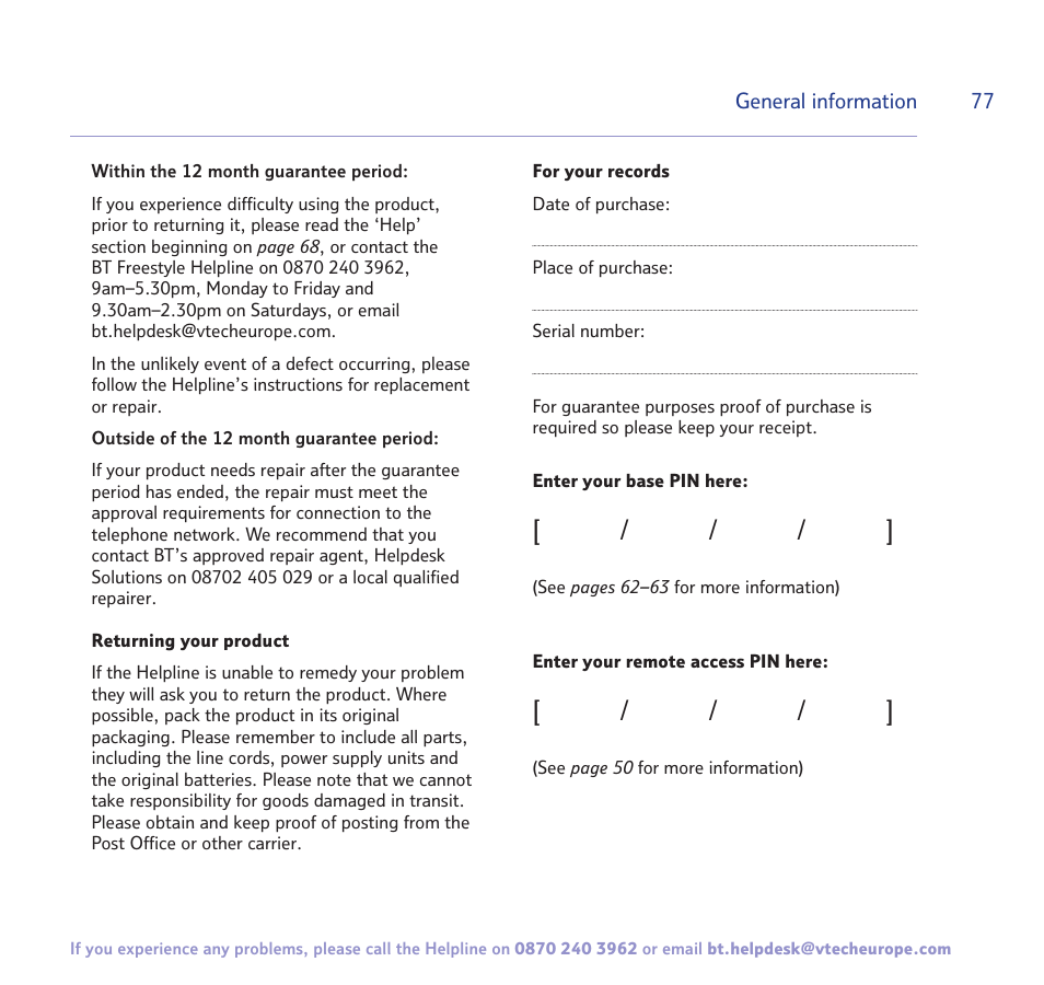 BT FREESTYLE 7150 User Manual | Page 77 / 80