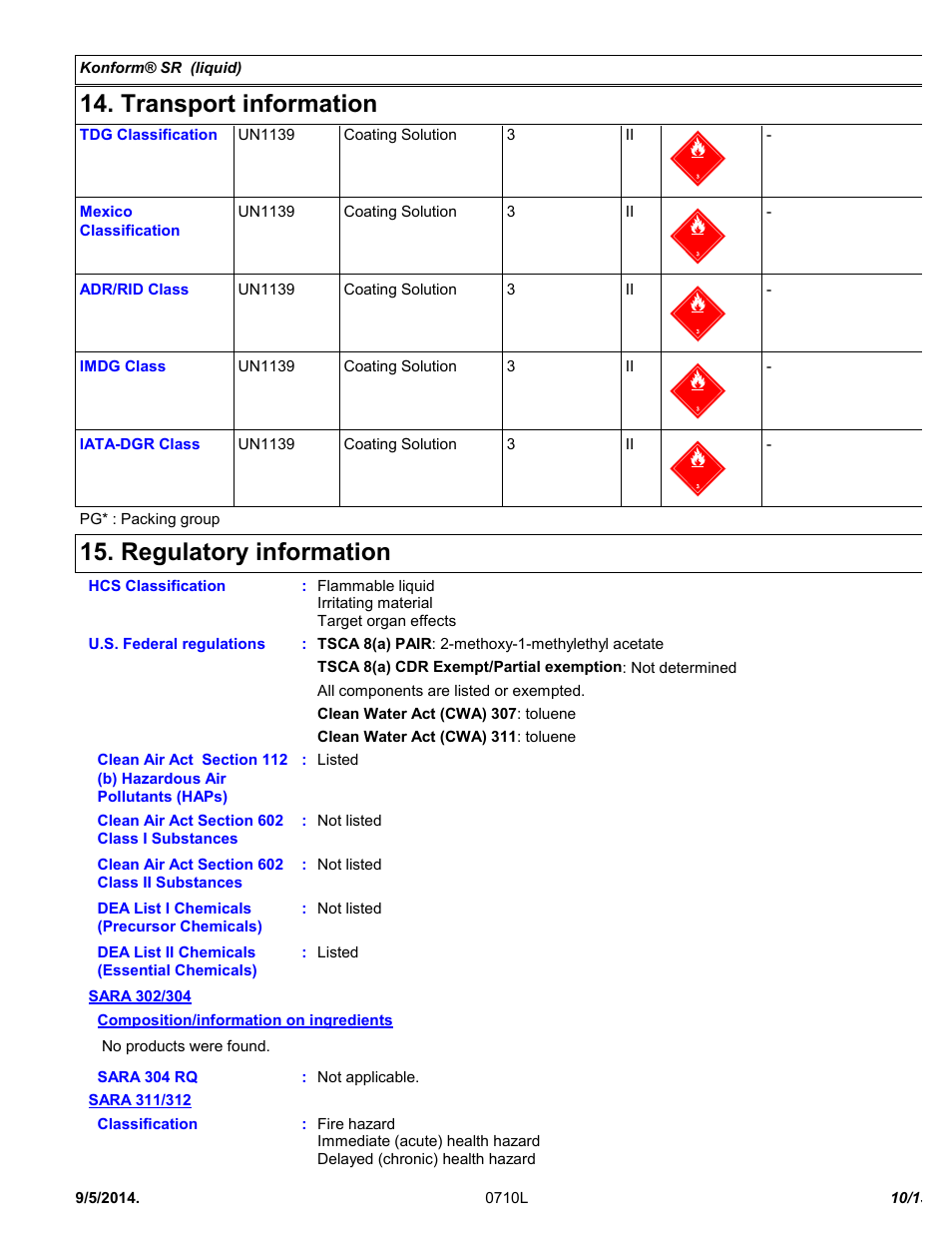 Transport information, Regulatory information | Chemtronics Konform SR CTSR-5 User Manual | Page 10 / 13