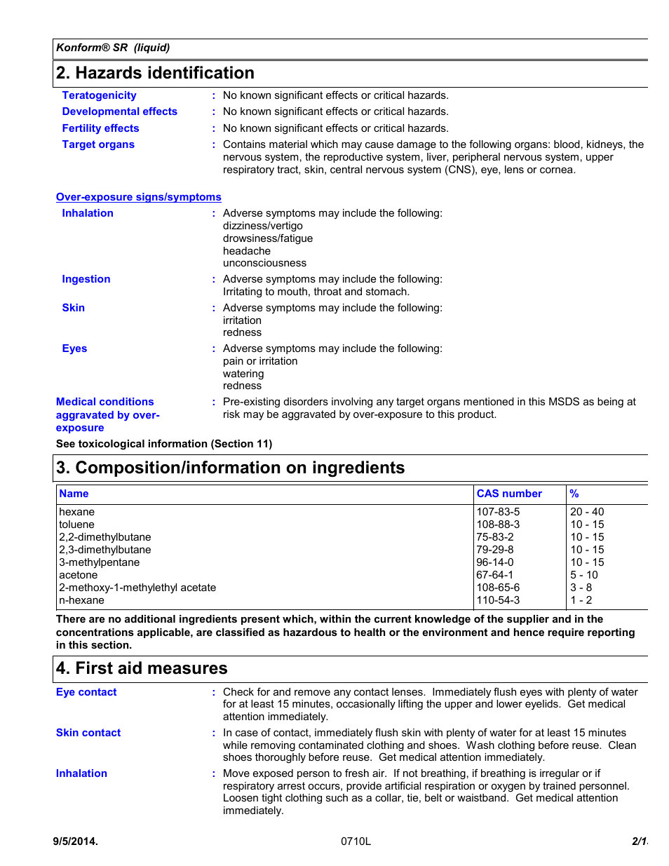 Hazards identification, Composition/information on ingredients, First aid measures | Chemtronics Konform SR CTSR-5 User Manual | Page 2 / 13