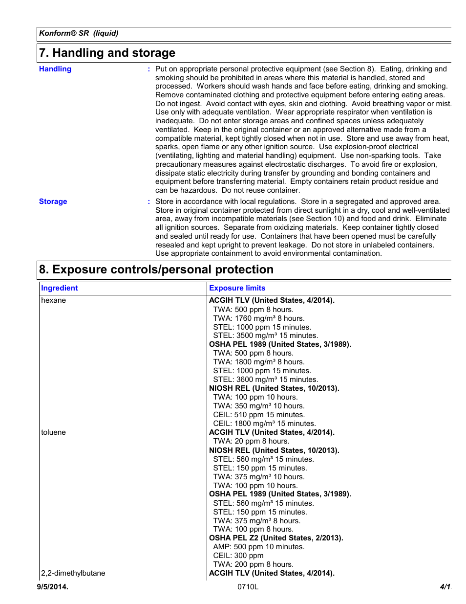 Handling and storage, Exposure controls/personal protection | Chemtronics Konform SR CTSR-5 User Manual | Page 4 / 13