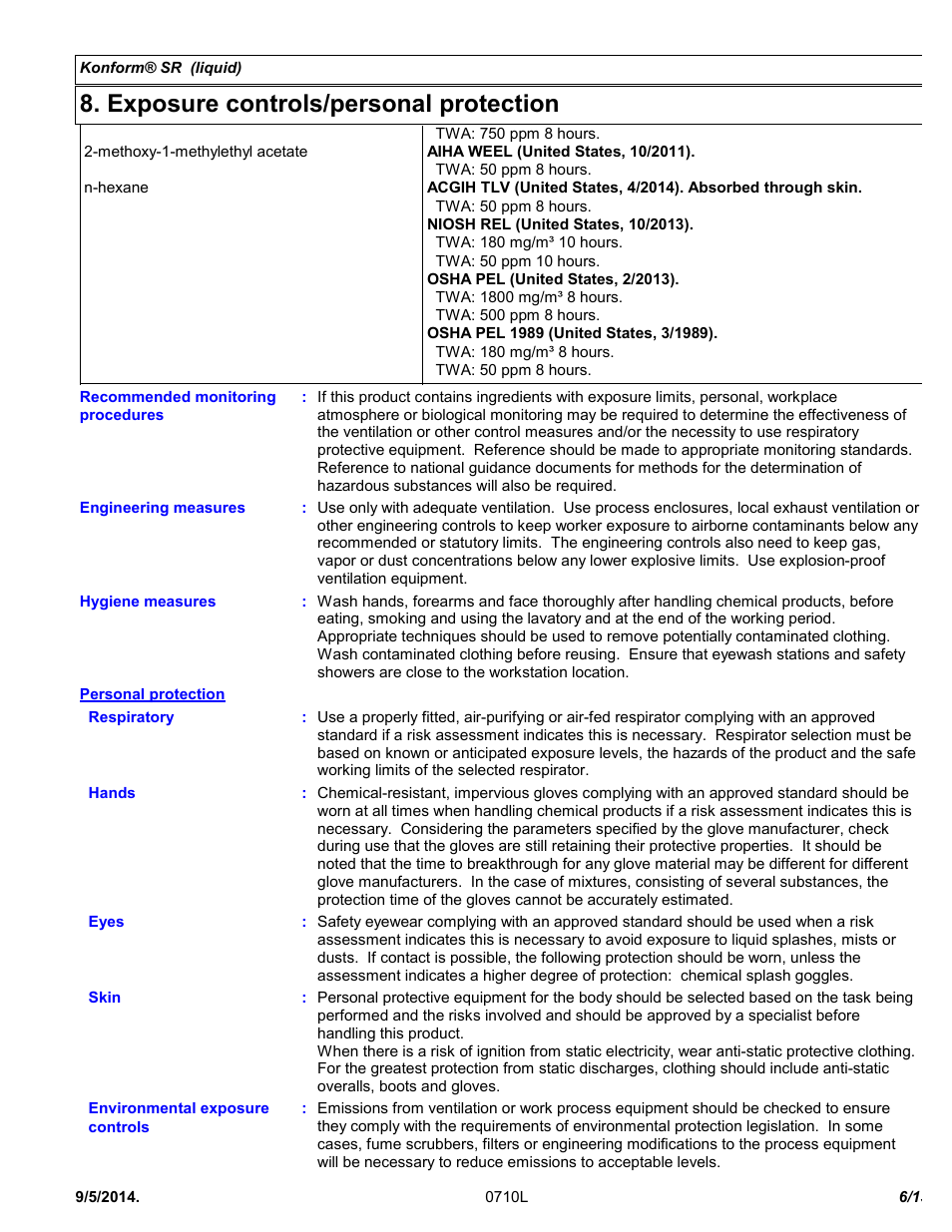 Exposure controls/personal protection | Chemtronics Konform SR CTSR-5 User Manual | Page 6 / 13