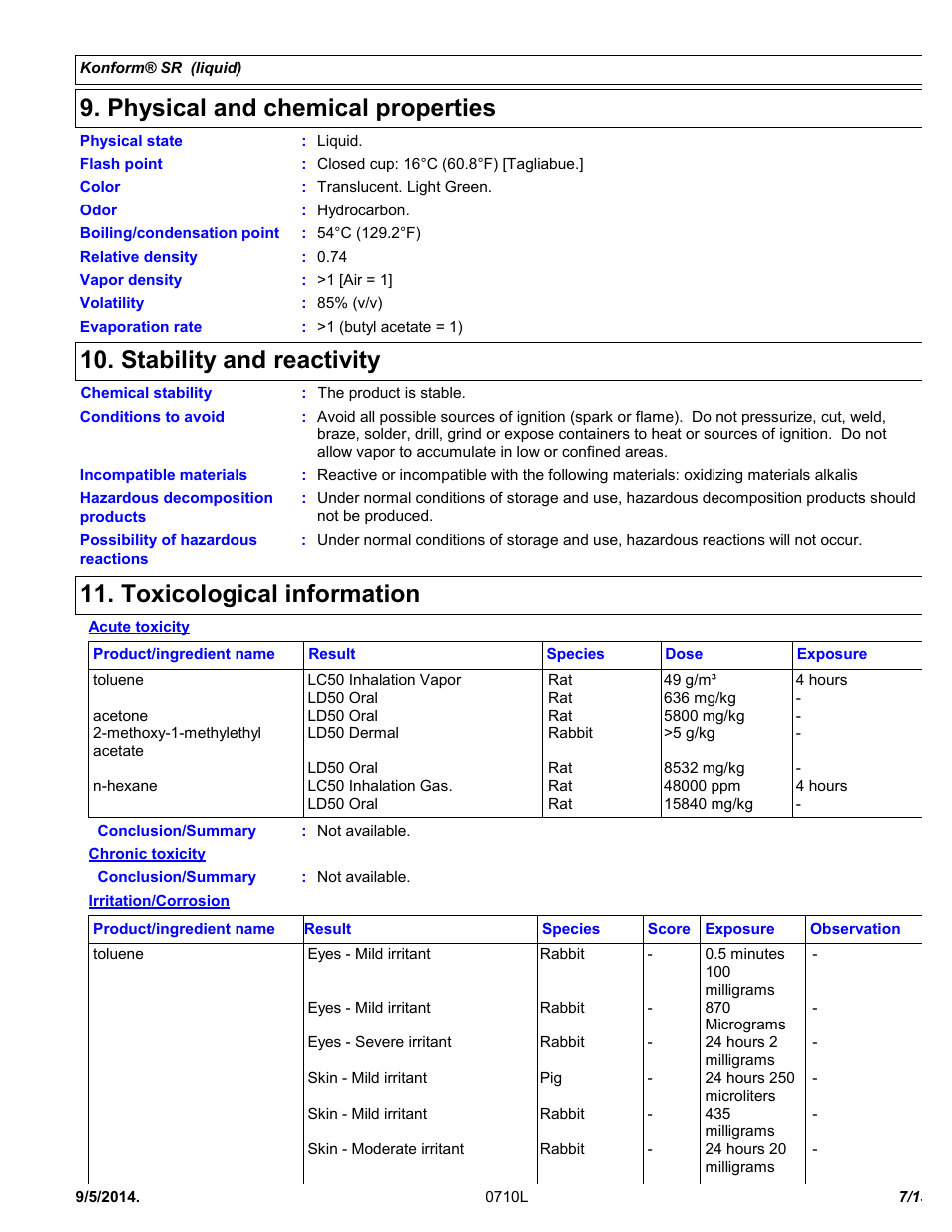 Physical and chemical properties, Stability and reactivity, Toxicological information | Chemtronics Konform SR CTSR-5 User Manual | Page 7 / 13