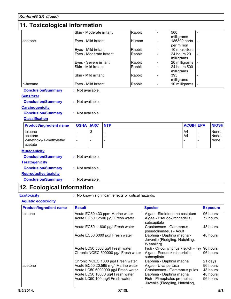 Toxicological information, Ecological information | Chemtronics Konform SR CTSR-5 User Manual | Page 8 / 13