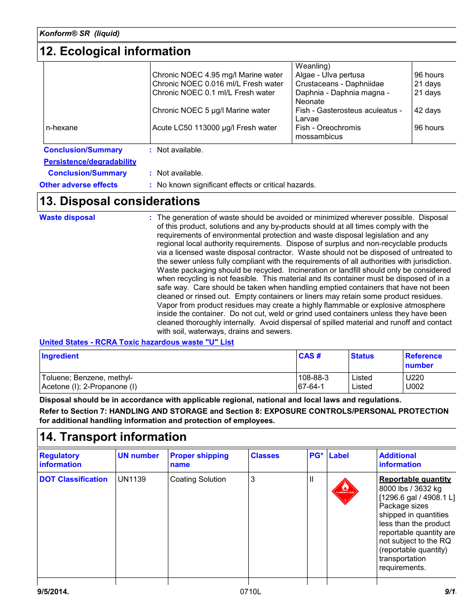Ecological information, Disposal considerations, Transport information | Chemtronics Konform SR CTSR-5 User Manual | Page 9 / 13