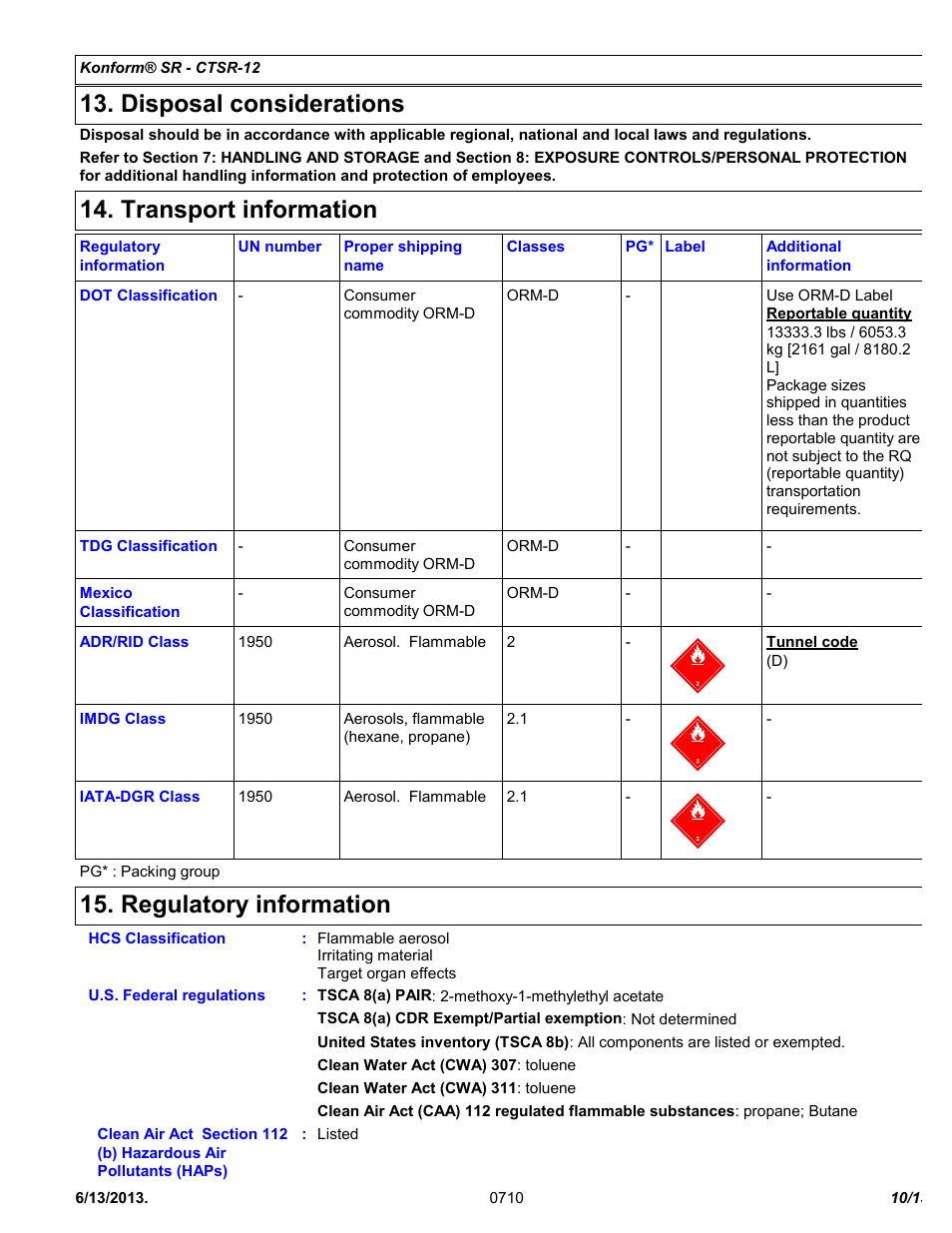 Disposal considerations, Transport information, Regulatory information | Chemtronics Konform SR CTSR-12 User Manual | Page 10 / 13