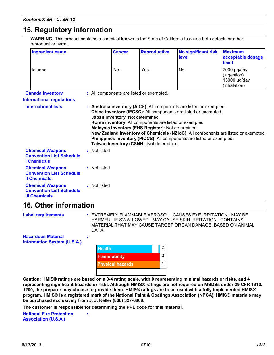 Regulatory information, Other information | Chemtronics Konform SR CTSR-12 User Manual | Page 12 / 13