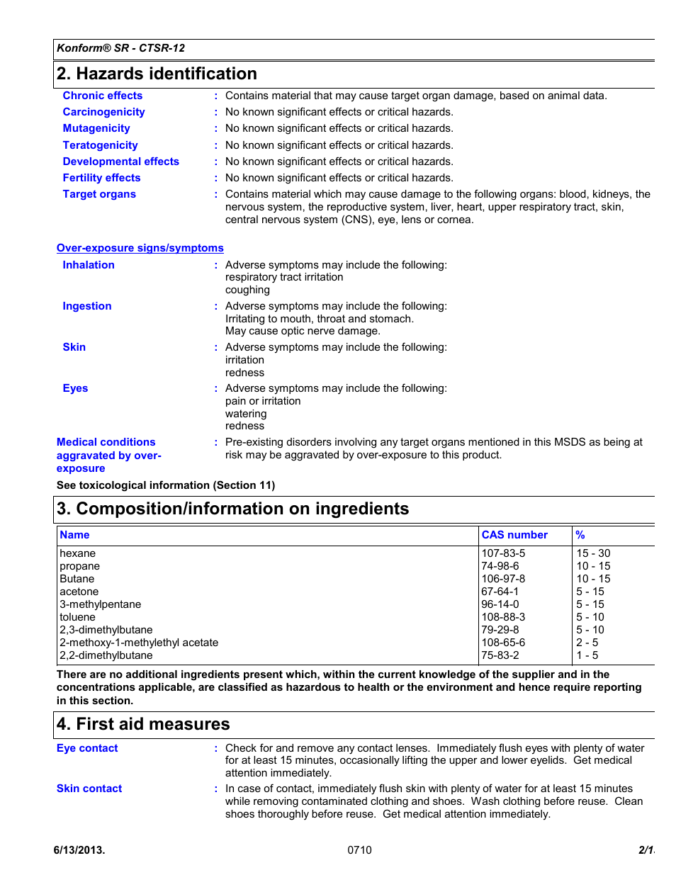 Hazards identification, Composition/information on ingredients, First aid measures | Chemtronics Konform SR CTSR-12 User Manual | Page 2 / 13