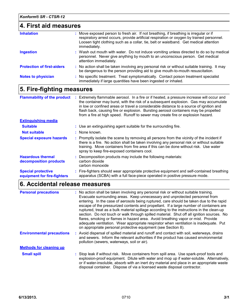 First aid measures, Fire-fighting measures, Accidental release measures | Chemtronics Konform SR CTSR-12 User Manual | Page 3 / 13