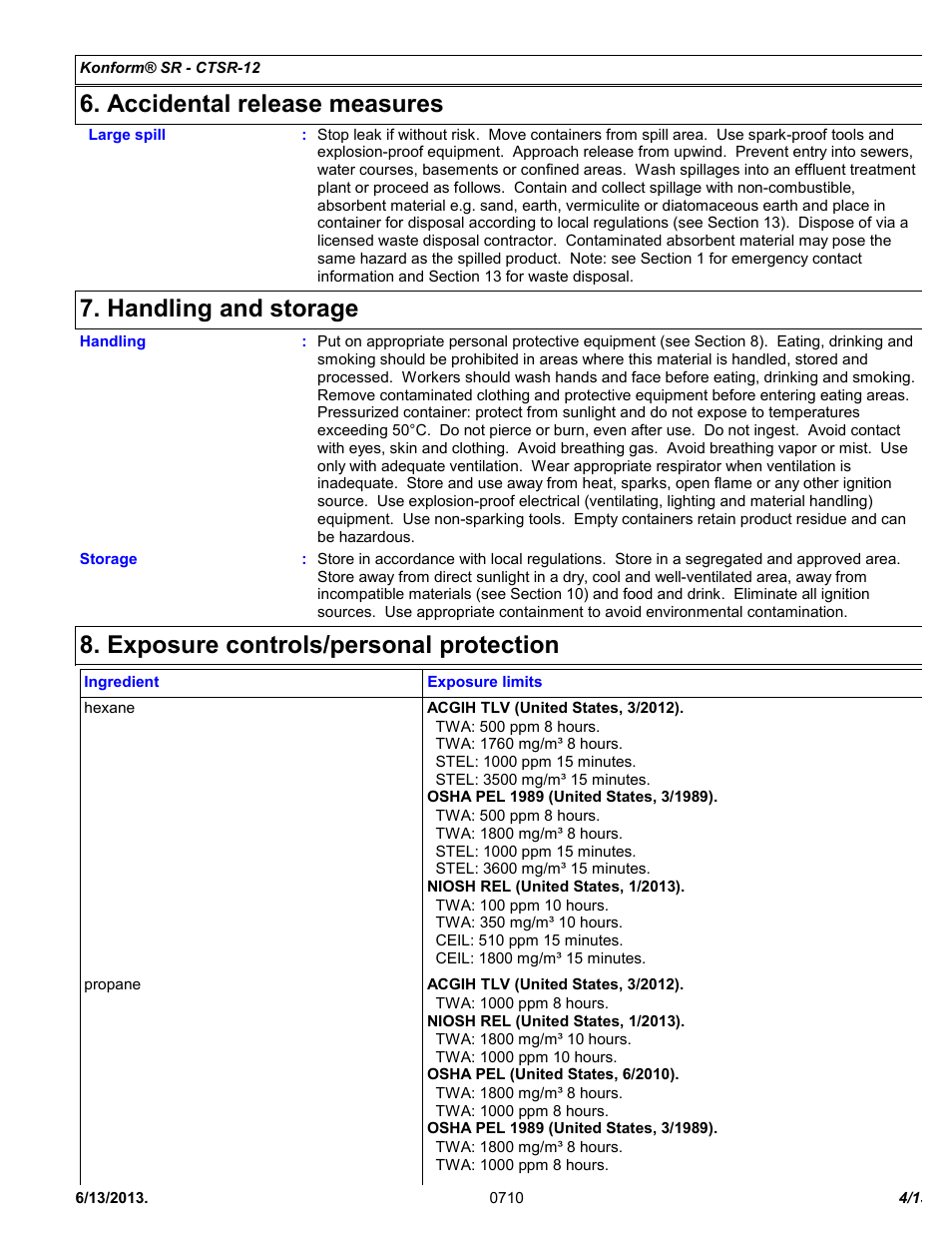 Accidental release measures, Handling and storage, Exposure controls/personal protection | Chemtronics Konform SR CTSR-12 User Manual | Page 4 / 13