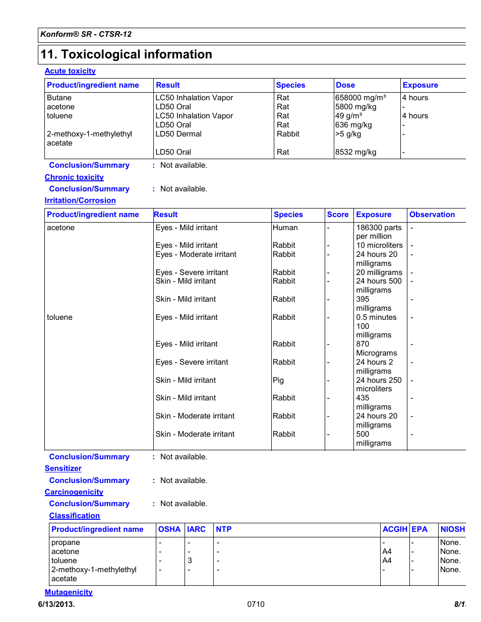 Toxicological information | Chemtronics Konform SR CTSR-12 User Manual | Page 8 / 13