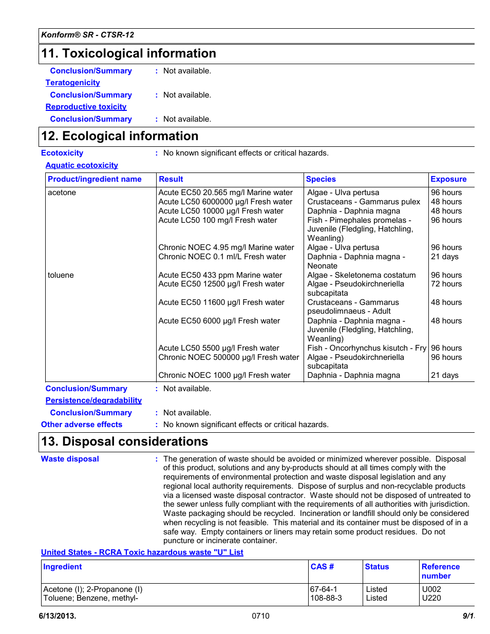 Toxicological information, Ecological information, Disposal considerations | Chemtronics Konform SR CTSR-12 User Manual | Page 9 / 13
