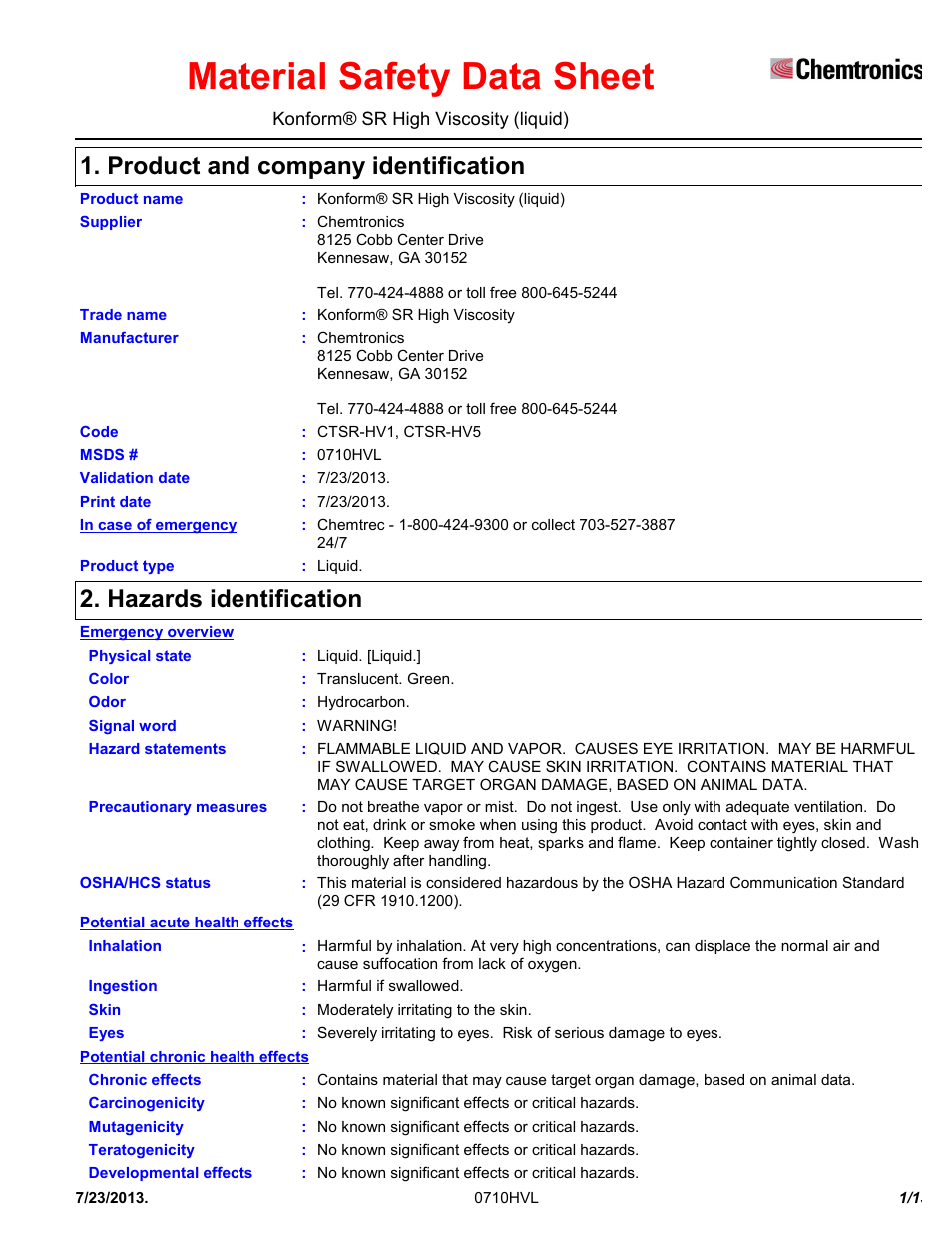 Chemtronics Konform SR High Viscosity CTSR-HV1 User Manual | 13 pages