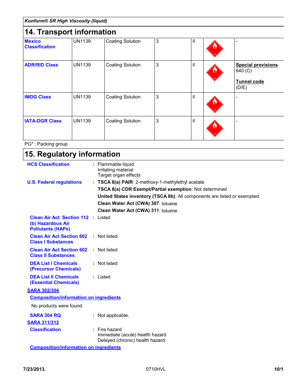 Transport information, Regulatory information | Chemtronics Konform SR High Viscosity CTSR-HV1 User Manual | Page 10 / 13