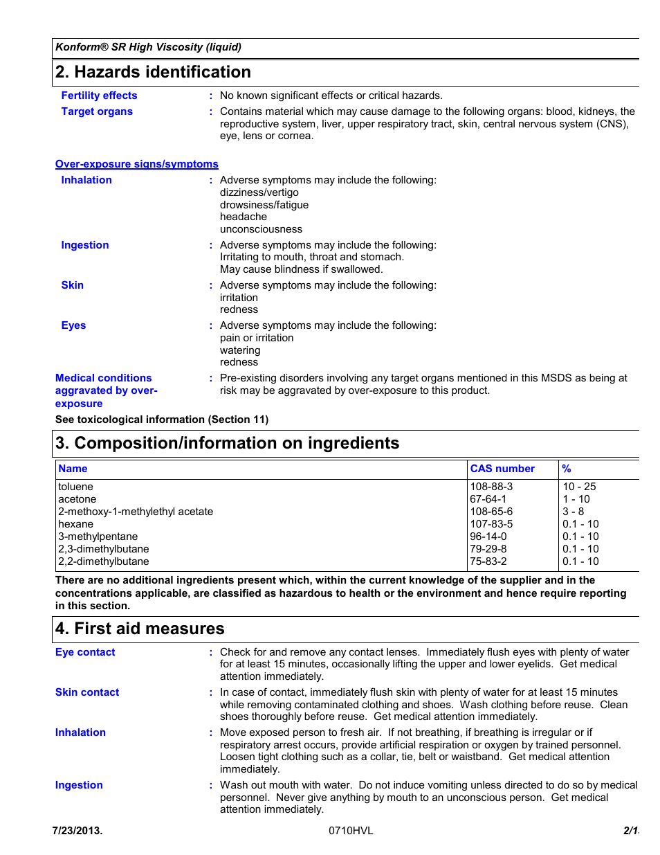 Hazards identification, Composition/information on ingredients, First aid measures | Chemtronics Konform SR High Viscosity CTSR-HV1 User Manual | Page 2 / 13
