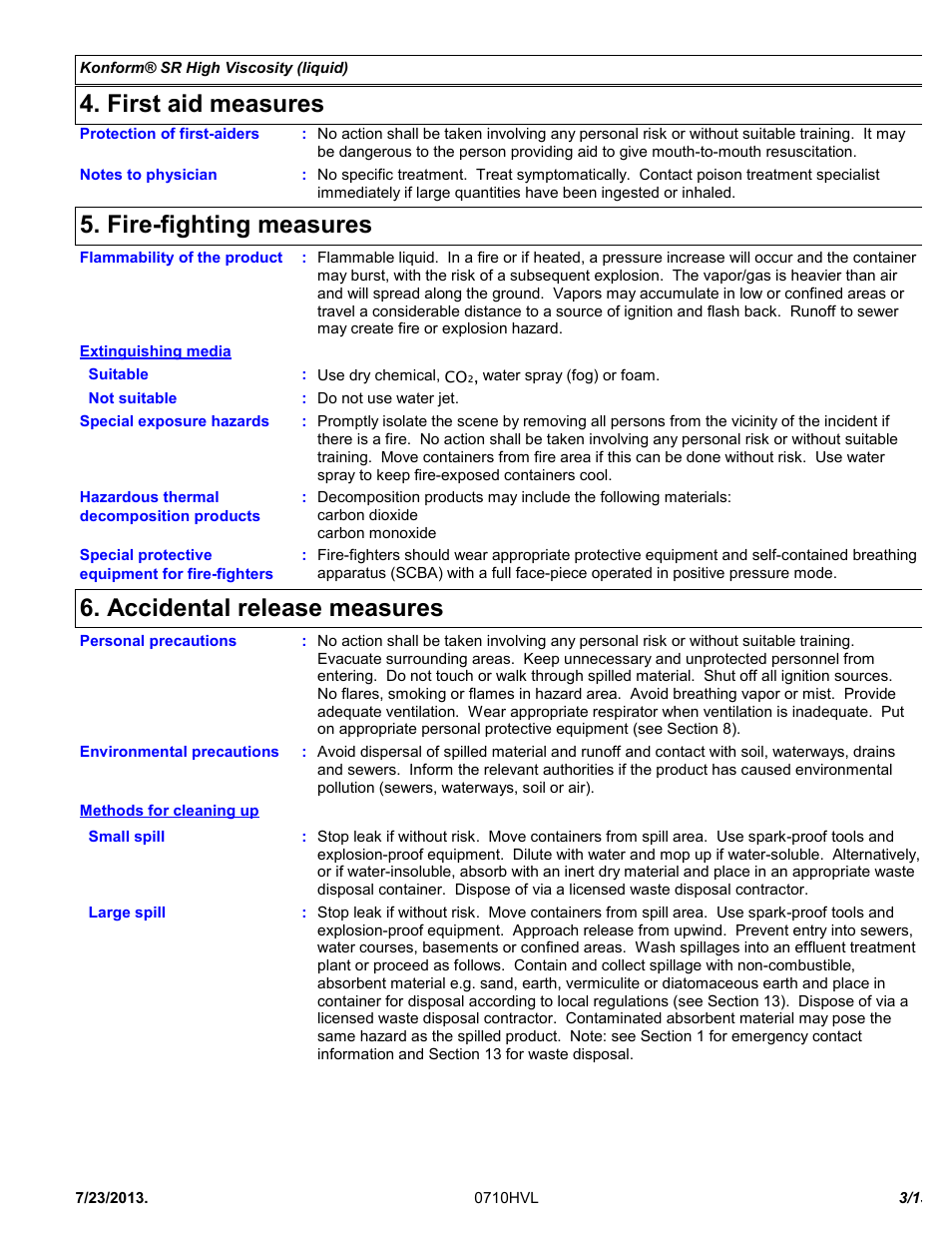 First aid measures, Fire-fighting measures, Accidental release measures | Chemtronics Konform SR High Viscosity CTSR-HV1 User Manual | Page 3 / 13