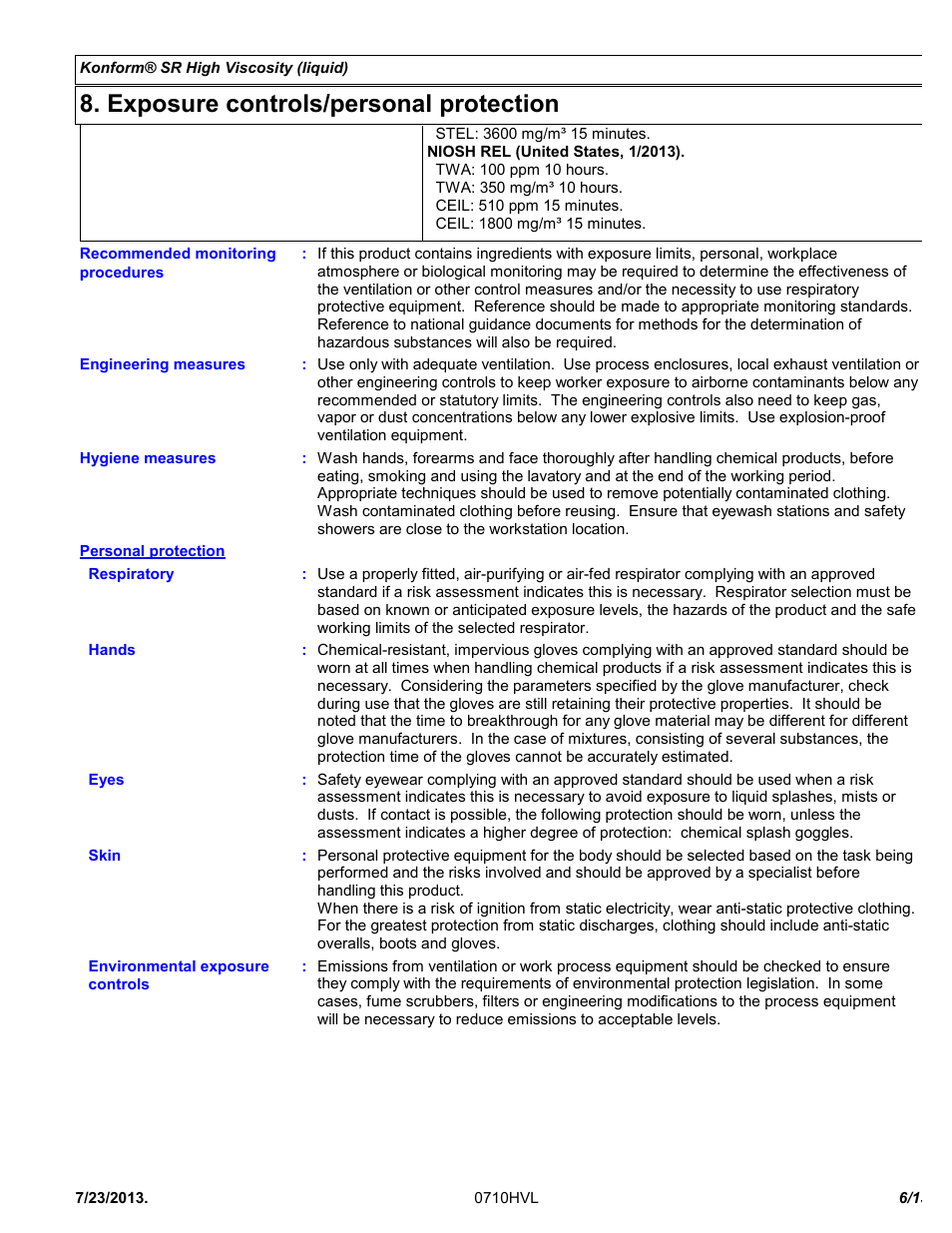 Exposure controls/personal protection | Chemtronics Konform SR High Viscosity CTSR-HV1 User Manual | Page 6 / 13