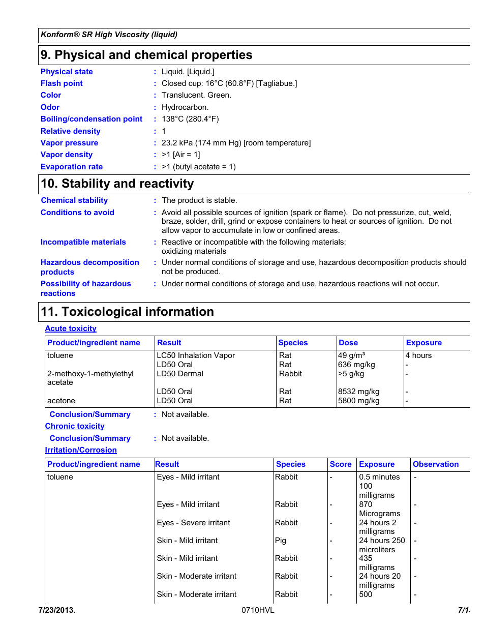 Physical and chemical properties, Stability and reactivity, Toxicological information | Chemtronics Konform SR High Viscosity CTSR-HV1 User Manual | Page 7 / 13
