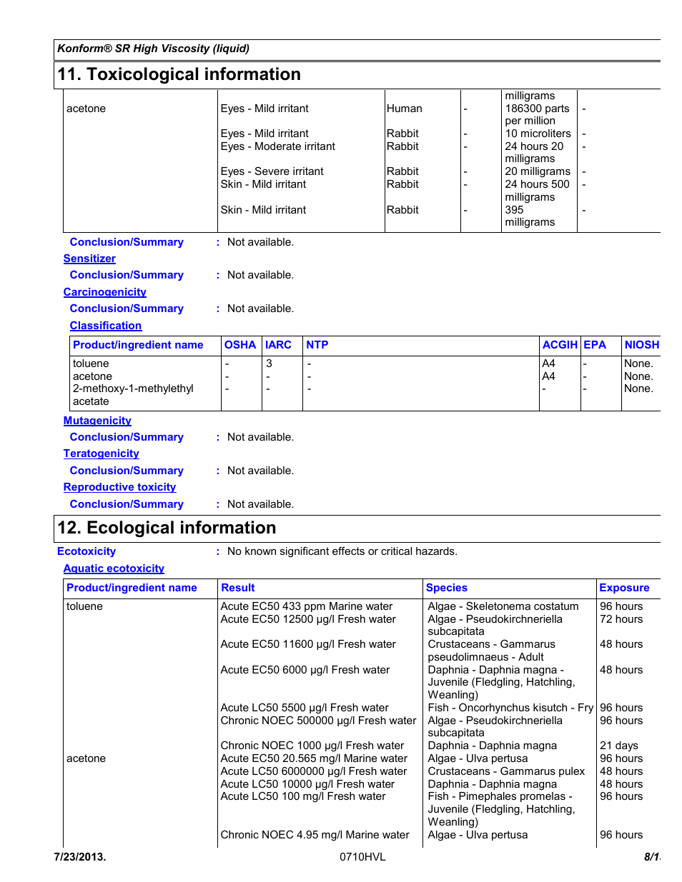 Toxicological information, Ecological information | Chemtronics Konform SR High Viscosity CTSR-HV1 User Manual | Page 8 / 13
