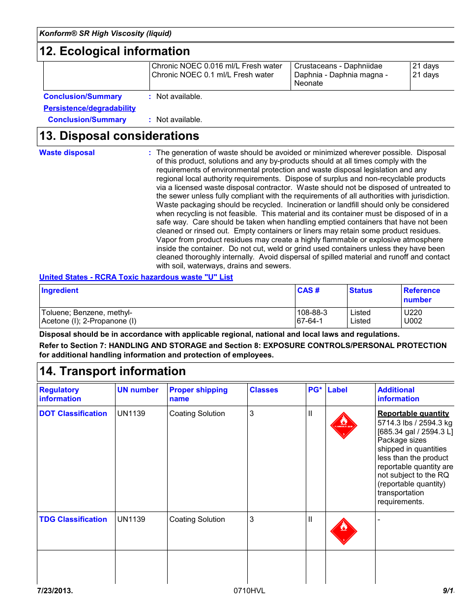Ecological information, Disposal considerations, Transport information | Chemtronics Konform SR High Viscosity CTSR-HV1 User Manual | Page 9 / 13