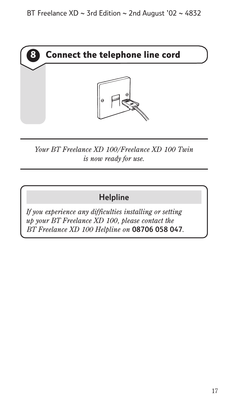 8connect the telephone line cord | BT Studio Twin User Manual | Page 18 / 37
