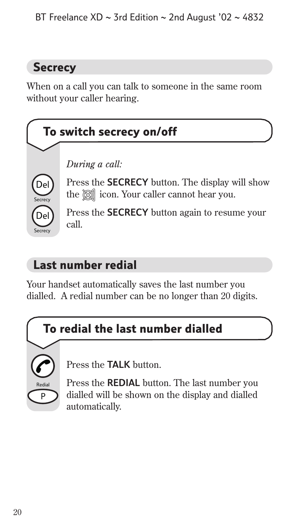 Last number redial, Secrecy | BT Studio Twin User Manual | Page 21 / 37