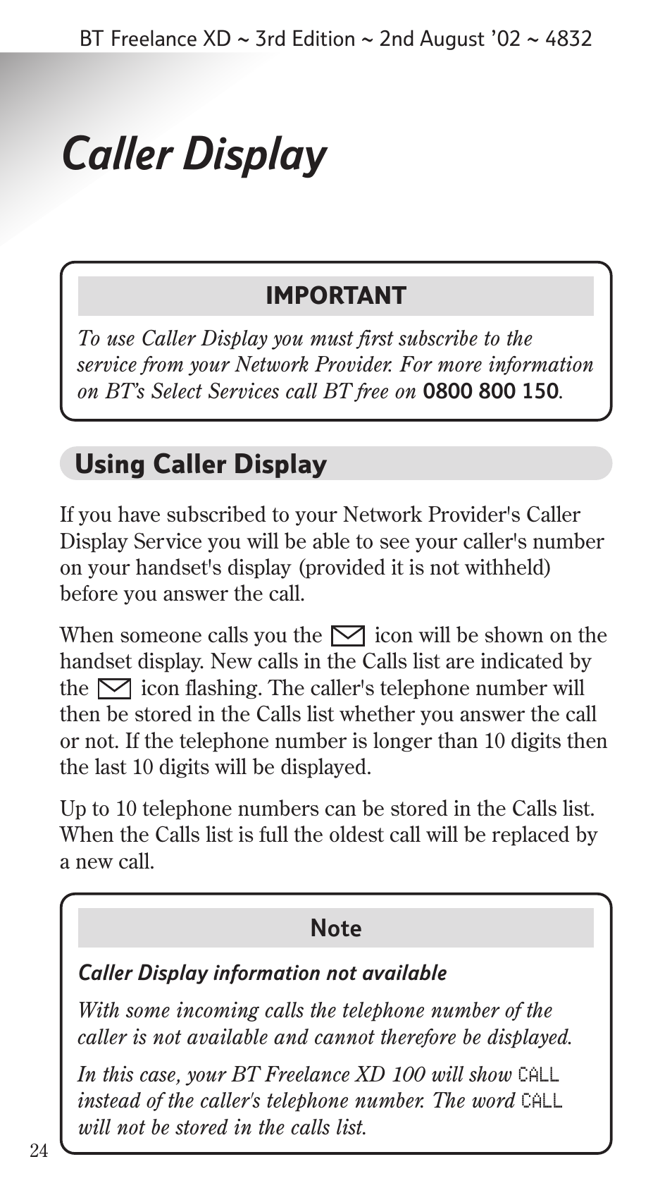 Caller display, Using caller display | BT Studio Twin User Manual | Page 25 / 37
