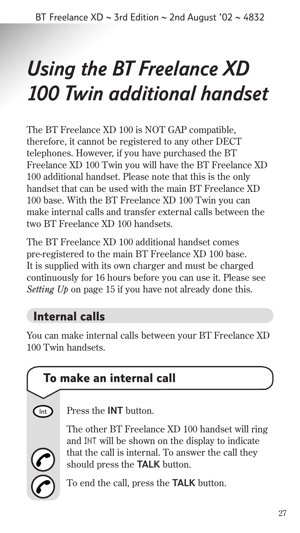 Internal calls | BT Studio Twin User Manual | Page 28 / 37