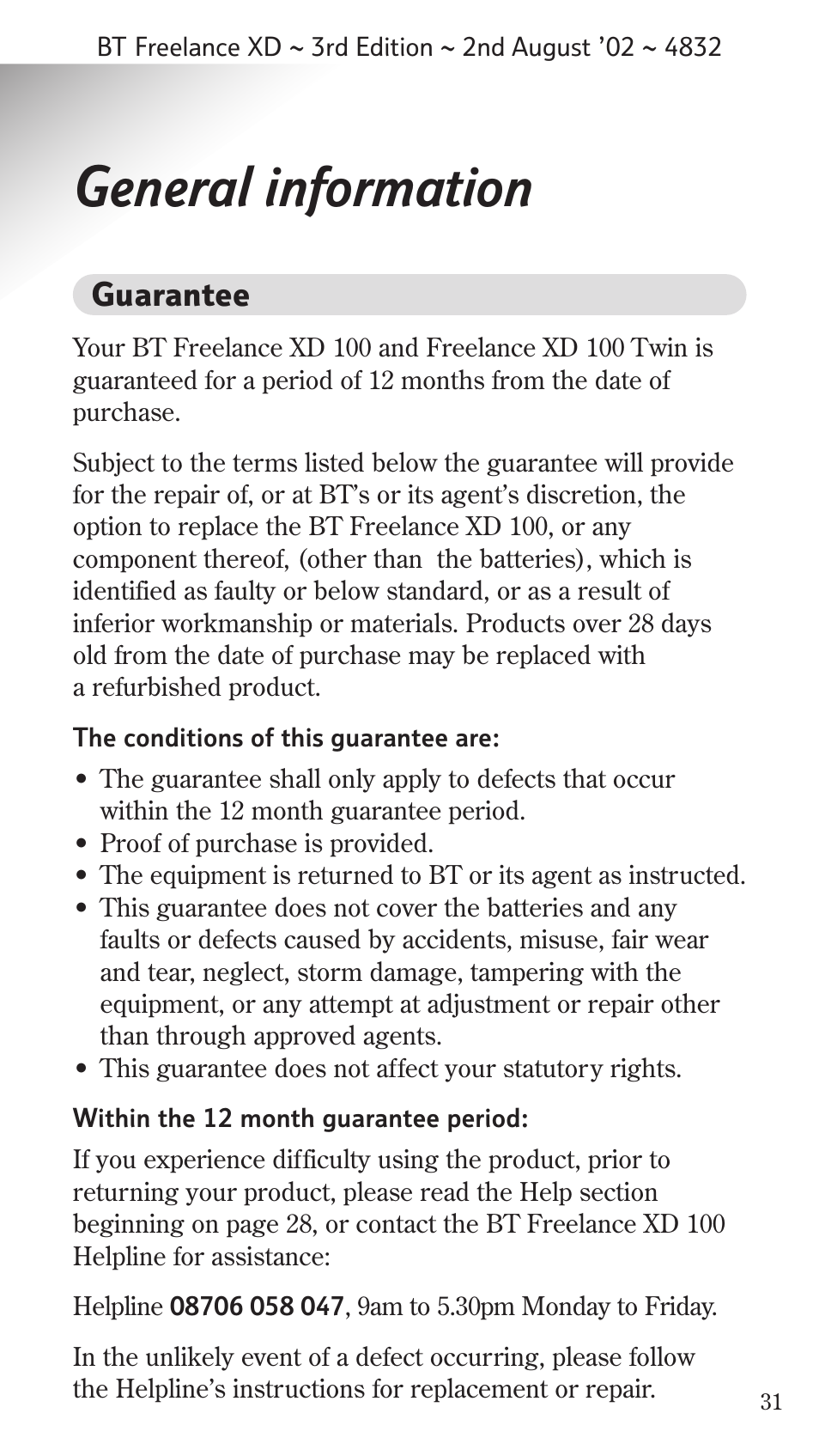 General information, Guarantee | BT Studio Twin User Manual | Page 32 / 37